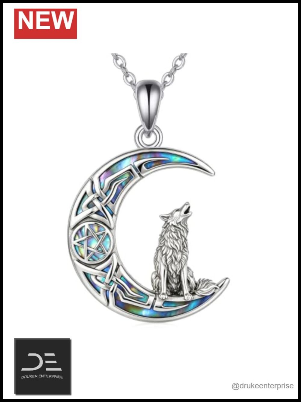 Sterling Silver Wolf Moon Pendant Necklace Celtic Abalone Jewelry Gifts